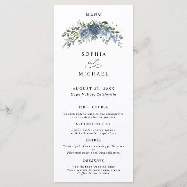 Elegant Dusty Blue Floral Wedding Menu (Anverso)