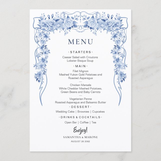 Elegant Dusty Blue Roses Bow Wedding Menu  (Anverso)
