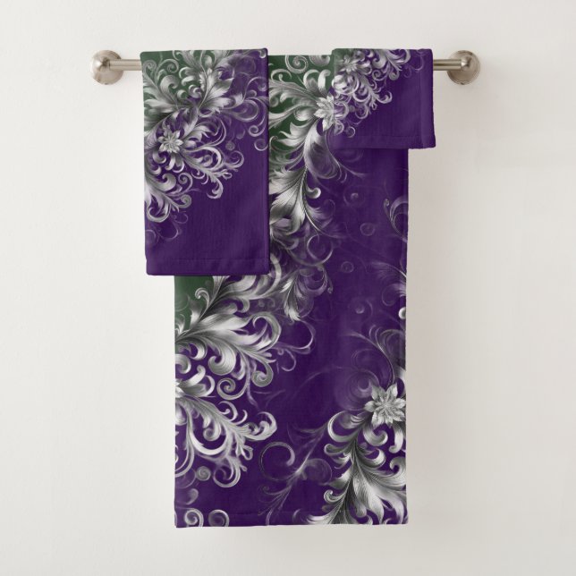 Elegant Emerald and Amethyst Silver Trim Towel Set (In situ)