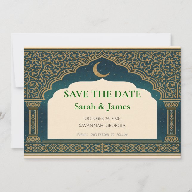Elegant Emerald and Gold Arch Save the Date  (Anverso)