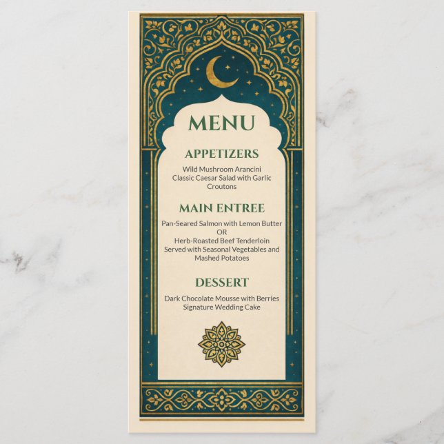 Elegant Emerald & Gold Ornate Arch Wedding Menu (Anverso)