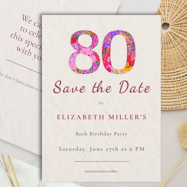 Elegant Floral 80th Birthday Save the Date Card (Subido por el creador)