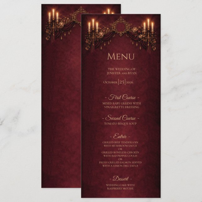 Elegant floral Gothic Halloween Wedding Menu (Anverso / Reverso)