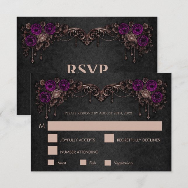 Elegant floral gothic Wedding RSVP Card (Anverso / Reverso)