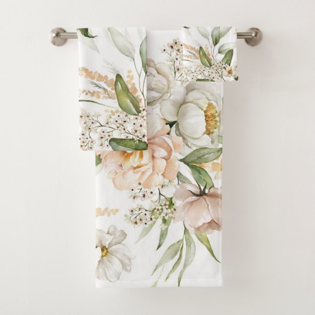 Elegant floral towels with soft, pastel flowers  (In situ)