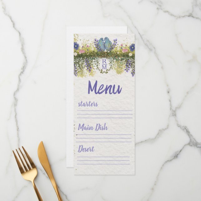 Elegant Floral Wedding Menu Card 4x9. 5 (Anverso/Reverso In Situ)