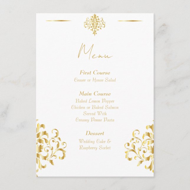 Elegant Gold and White Damask Wedding Menu (Anverso)