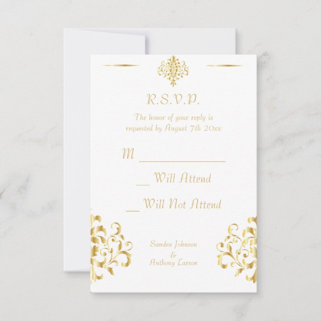 Elegant Gold and White Damask Wedding RSVP (Anverso)