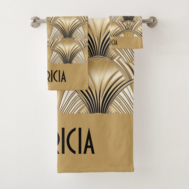 Elegant gold black art deco name bath towel set (In situ)