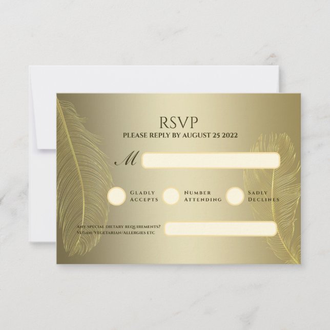 Elegant Gold Feather RSVP Card For Luxury Event (Anverso)
