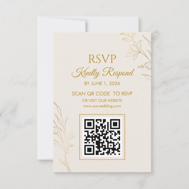 Elegant Gold Floral QR Code Wedding RSVP Card (Anverso)