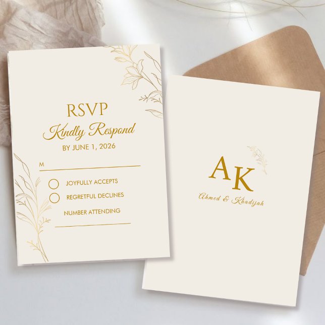 Elegant Gold Floral QR Code Wedding RSVP Card (Subido por el creador)