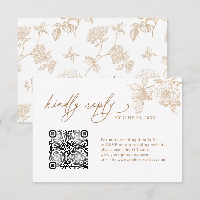 Elegant Gold Floral QR code Wedding RSVP Cards (Anverso / Reverso)