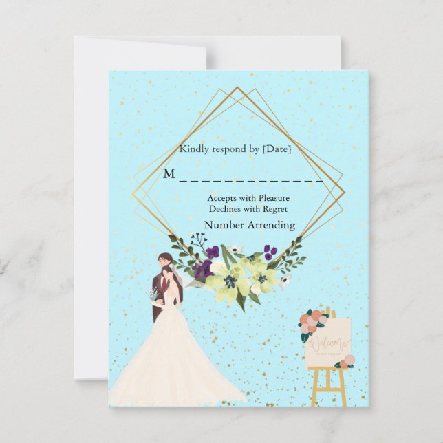 Elegant Gold Geometric Dusty Blue RSVP Card (Anverso)