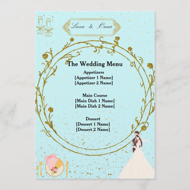 Elegant Gold Geometric Dusty Blue Wedding Menu  (Anverso)