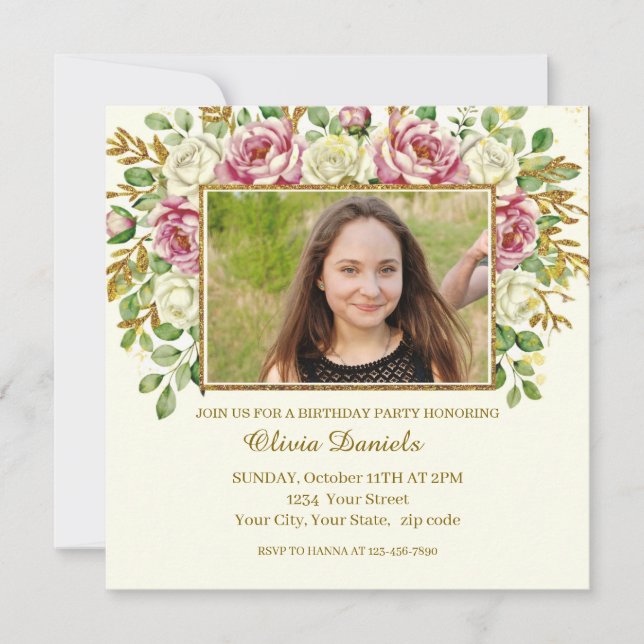 Elegant Gold Glitter Floral Frame Personalized (Anverso)