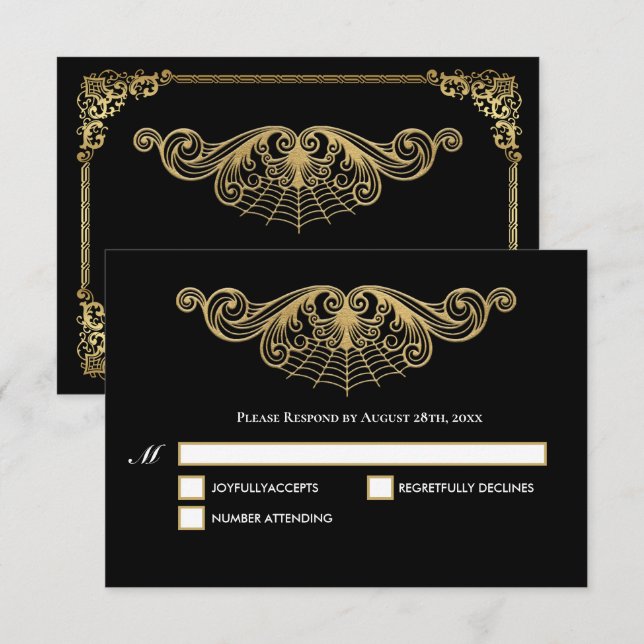 Elegant gold Gothic Halloween Wedding RSVP Card (Anverso / Reverso)