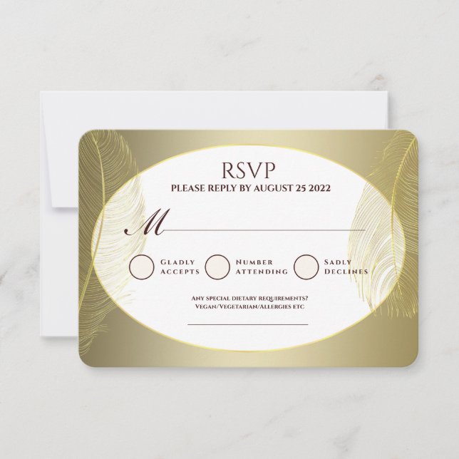 Elegant Gold Oval Feather RSVP Card (Anverso)