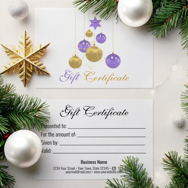 Elegant Gold Purple Christmas Ornament Gift Card (Subido por el creador)