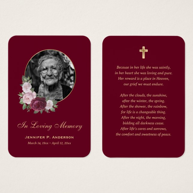Elegant Gold Red Pink Floral Memorial Cards (Anverso y reverso)
