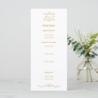 Elegant Gold & White Monogram Wedding Menu Card