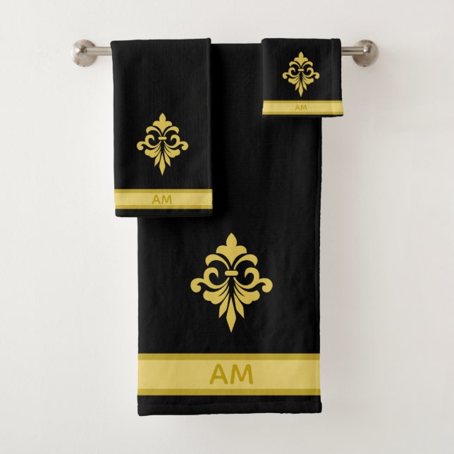 Elegant Golden Flower, Monogram & Stripe on Black (In situ)
