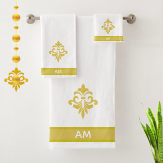 Elegant Golden Flower, Monogram & Stripe on White