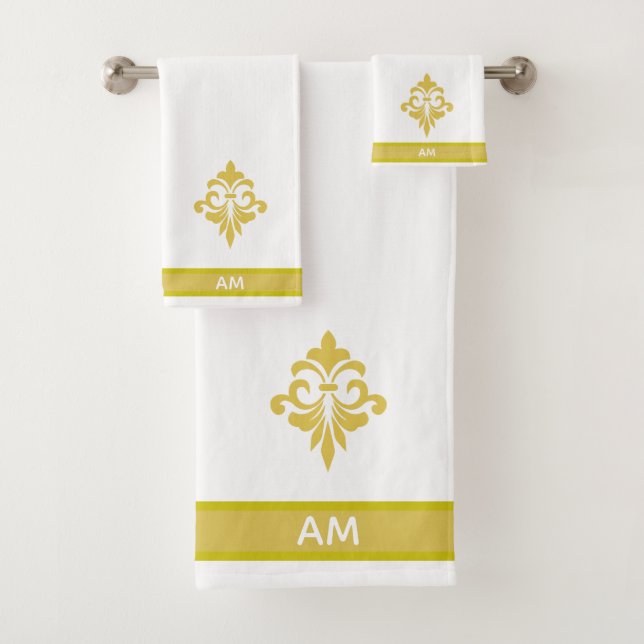 Elegant Golden Flower, Monogram & Stripe on White (In situ)
