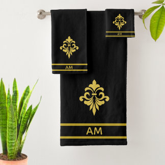 Elegant Golden Flower, Monogram & Stripes on Black
