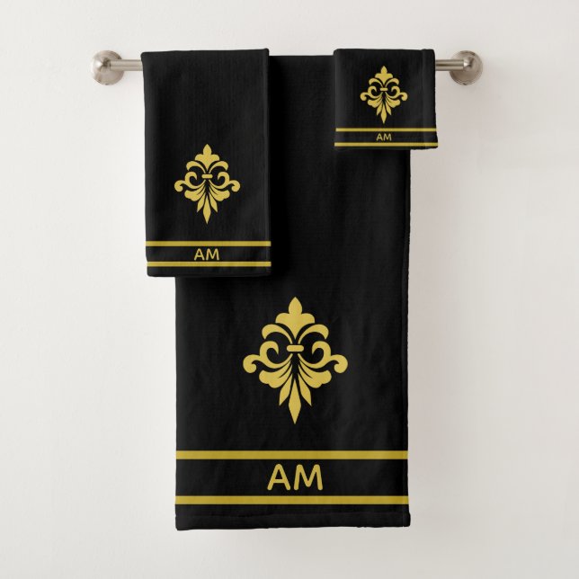 Elegant Golden Flower, Monogram & Stripes on Black (In situ)