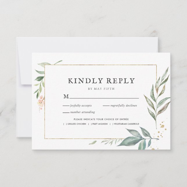 Elegant Greenery Gold Frame Boda RSVP w/Comida (Anverso)