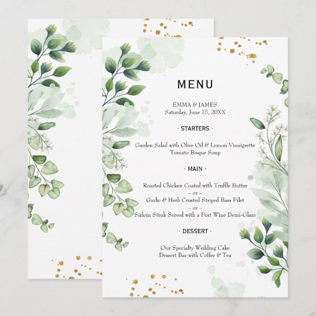 Elegant Greenery Watercolor Wedding Menu (Anverso / Reverso)