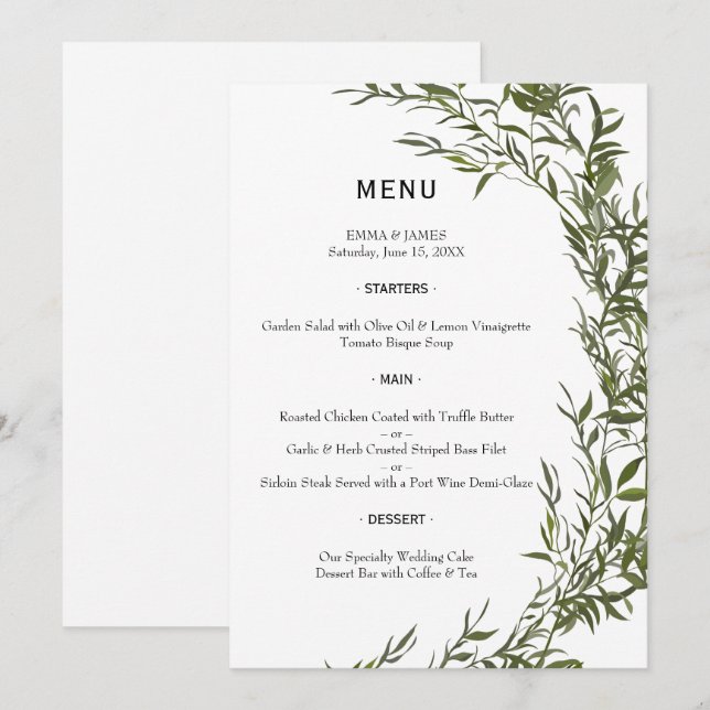 Elegant Greenery Watercolor Wedding Menu (Anverso / Reverso)