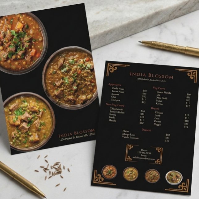 Elegant Indian Restaurant Gold Border Flat Menu (Subido por el creador)