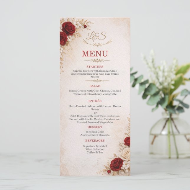 Elegant Ivory & Red Floral Wedding Menu Card (Anverso de pie)