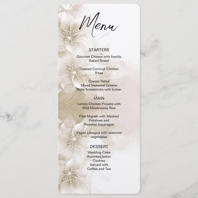Elegant Ivory White Flowers Wedding Menu (Anverso)