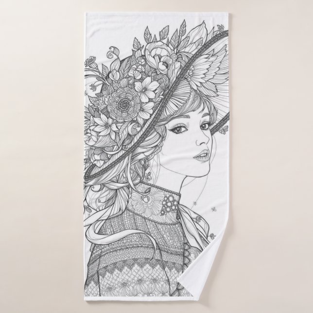 Elegant Lady Portrait: Vintage Hat Fashion Art (Toalla de baño)