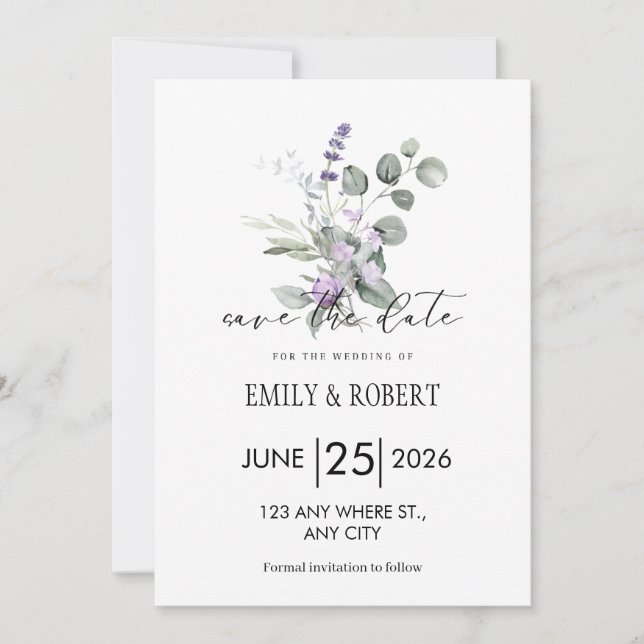 Elegant Lavender Floral Minimalist Save the Date (Anverso)