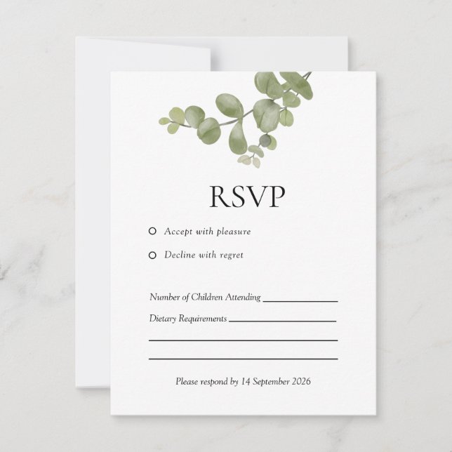 Elegant Minimalist Eucalyptus Wedding RSVP Card (Anverso)