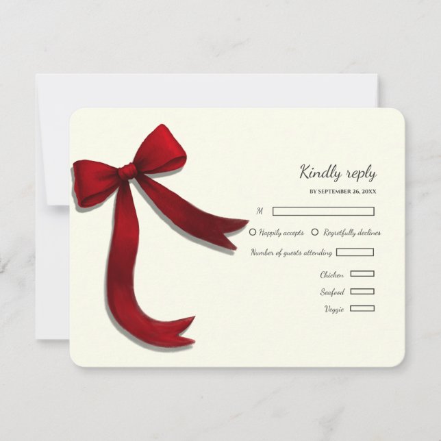 Elegant Minimalist Simple wedding red bow RSVP Car (Anverso)