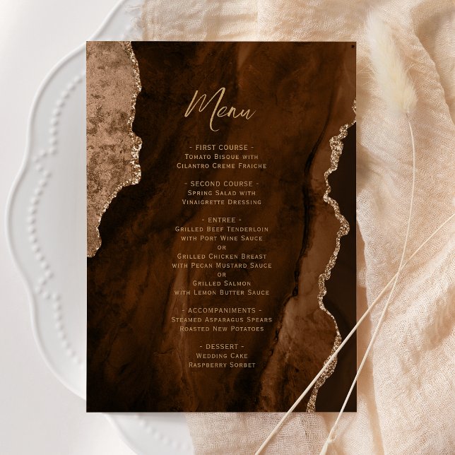 Elegant Mocha Brown Gold Agate Wedding Menu (Subido por el creador)