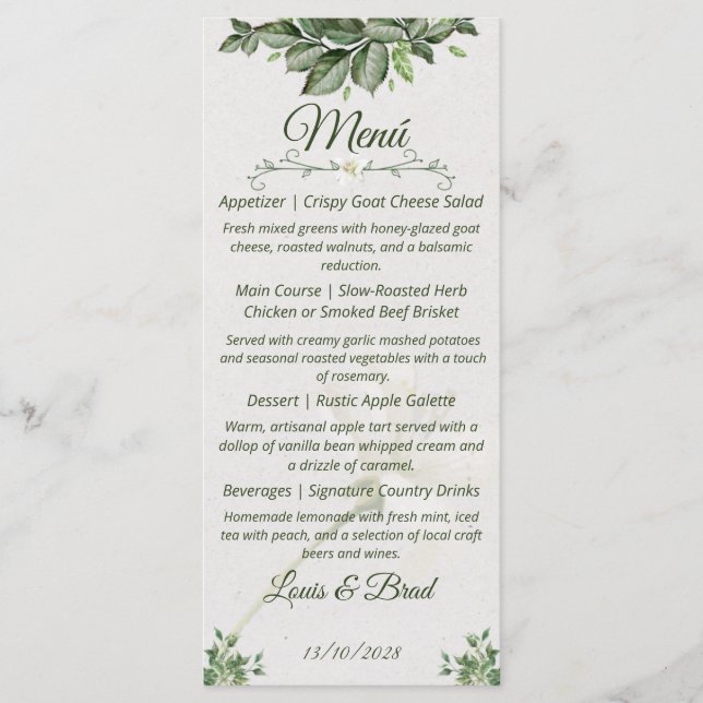 Elegant Natural Greenery Foliage Wedding Menu (Anverso)