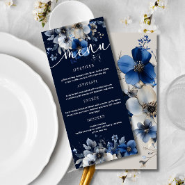 Elegant Navy Blue and Silver Floral Wedding Menu 
