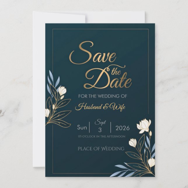 Elegant Navy Blue Gold Floral Save the Date Card (Anverso)