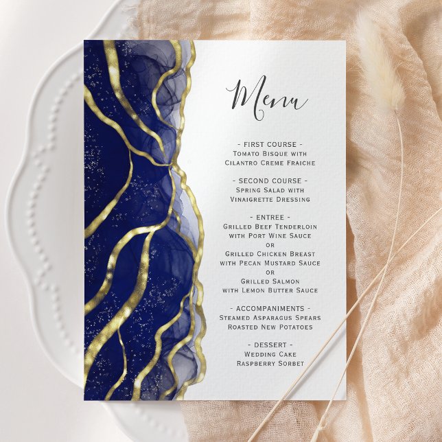 Elegant Navy Blue Gold Ink Wedding Menu (Subido por el creador)