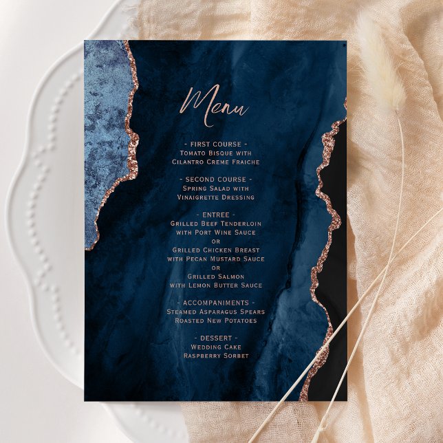 Elegant Navy Blue Rose Gold Agate Wedding Menu (Subido por el creador)