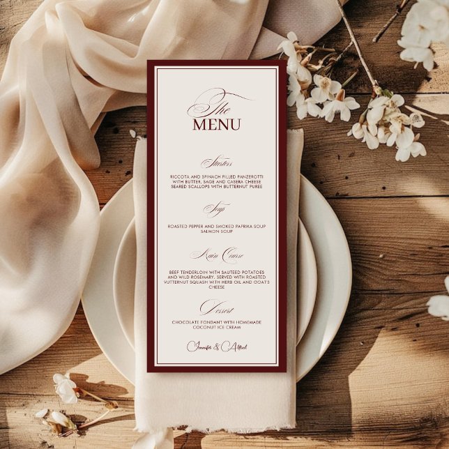 Elegant Old Money Wedding Red Dinner Menu Card (Subido por el creador)