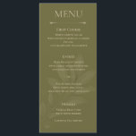 Elegant Olive Green Tulip Botanical Wedding Menu<br><div class="desc">A sophisticated wedding menu card featuring a rich olive green background with delicate vintage tulip botanical illustrations and elegant gold typography. The minimalist layout highlights each course while maintaining a romantic garden aesthetic. Perfect for vineyard weddings, botanical garden celebrations, and elegant outdoor receptions. Designed to coordinate beautifully with olive, sage,...</div>