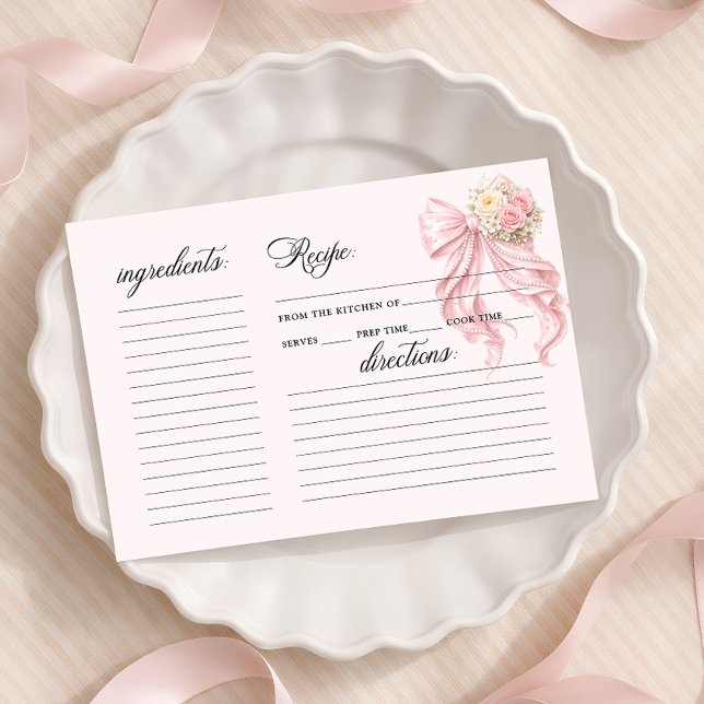 Elegant Pink Bow Bridal Shower Recipe Card (Subido por el creador)