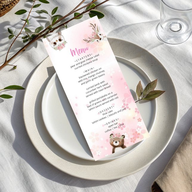 Elegant Pink  Woodland Baby Shower Menu Card (Subido por el creador)